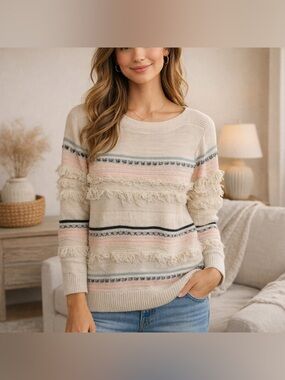 LOFT Cream Fringe Sweater Pastel Stripe Cotton Knit Size Large